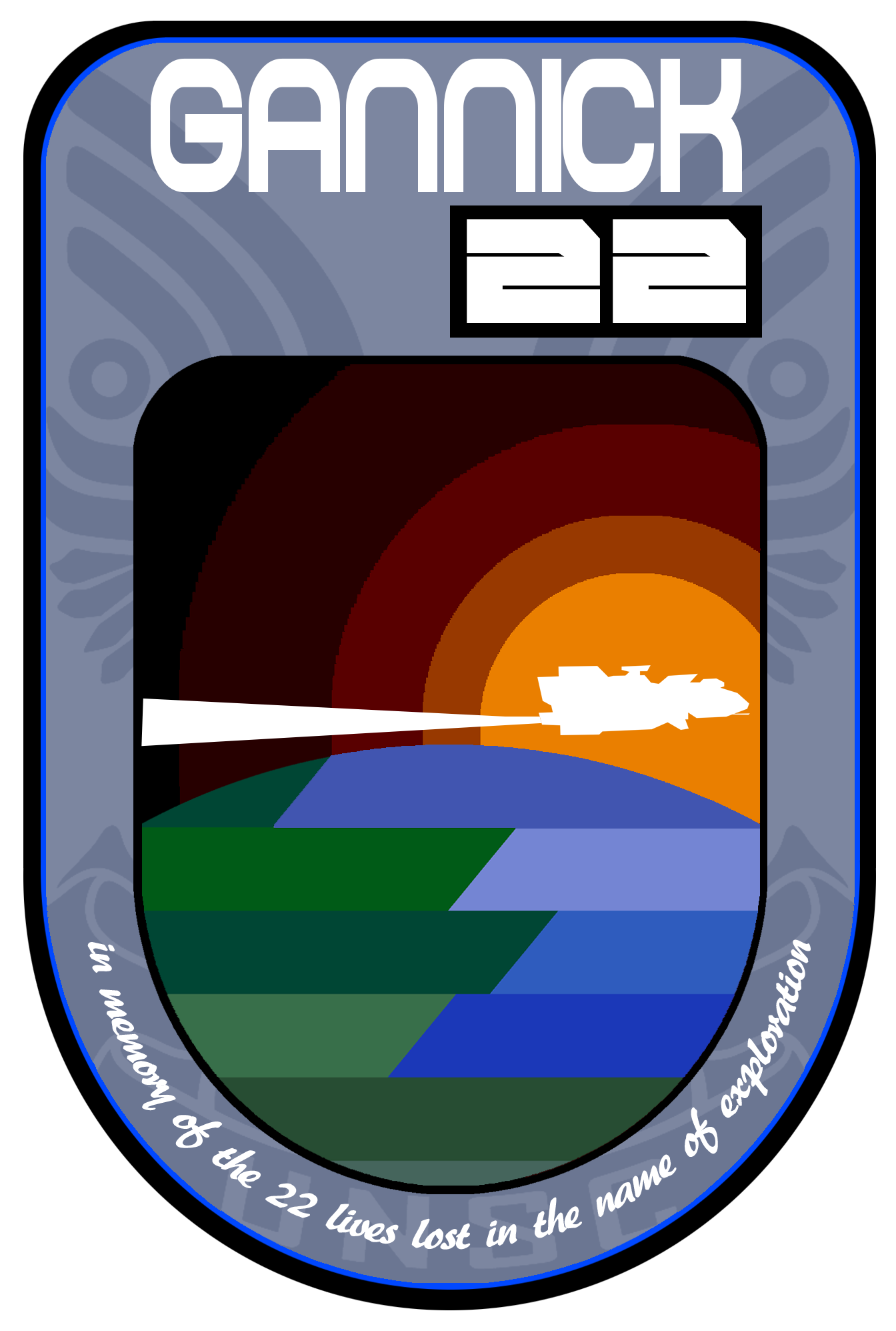 Gannick 22 - Mission patch remembering the 22 lives lost on the first research mission to Gannick 22. Vector version available upon request.